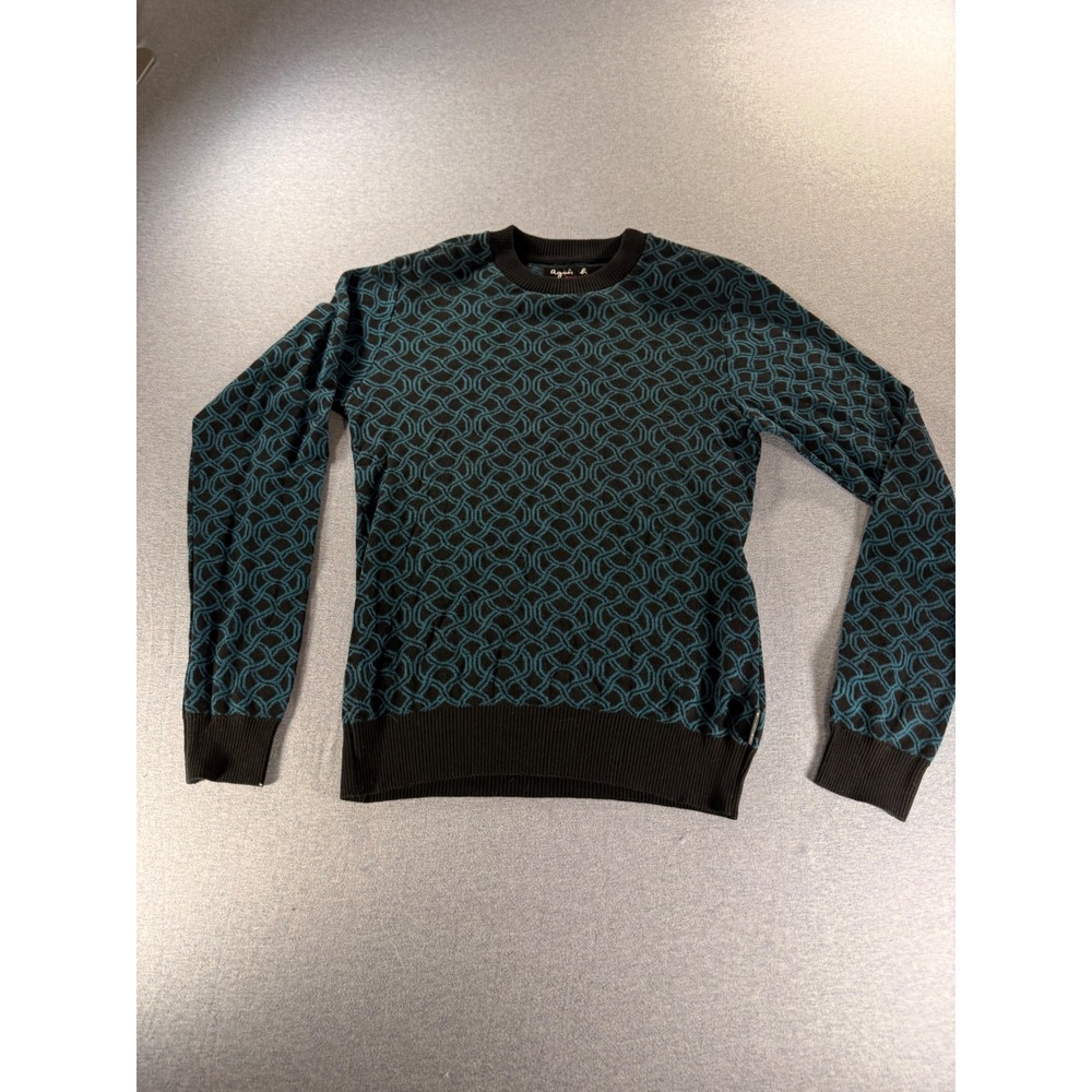 Vintage Agnes B Paris Geometric Knit Sweater Made in France Teal Black Size 1 S